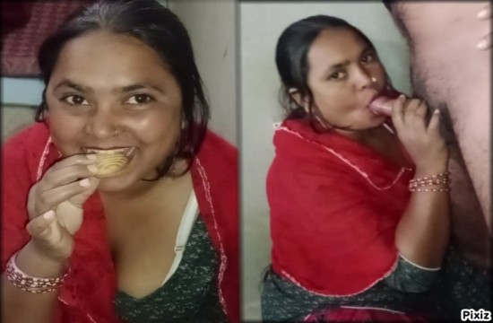 Desi Bhabhi Eating Cum with Biscuit After Sucking Cock